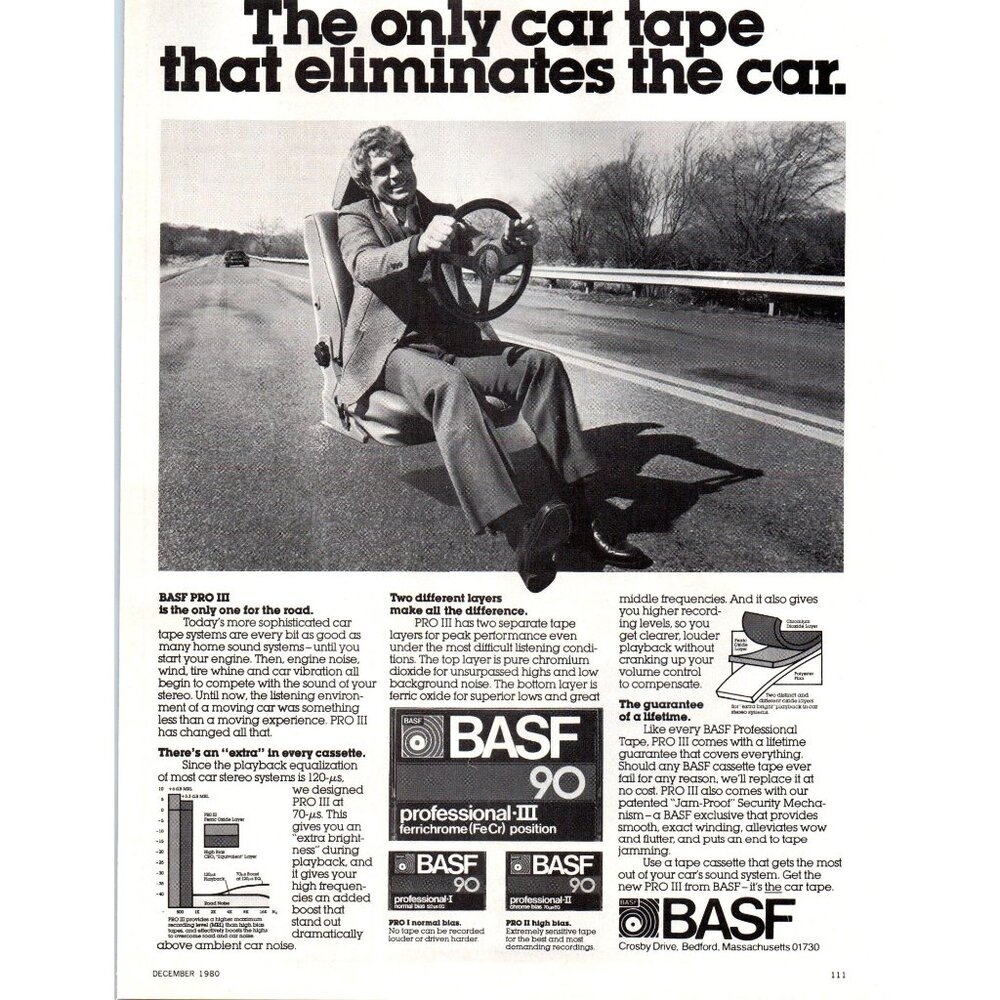 1980 BASF Pro III Black Cassette Tape Vintage Print Ad Drivers Car Seat Wall Art
